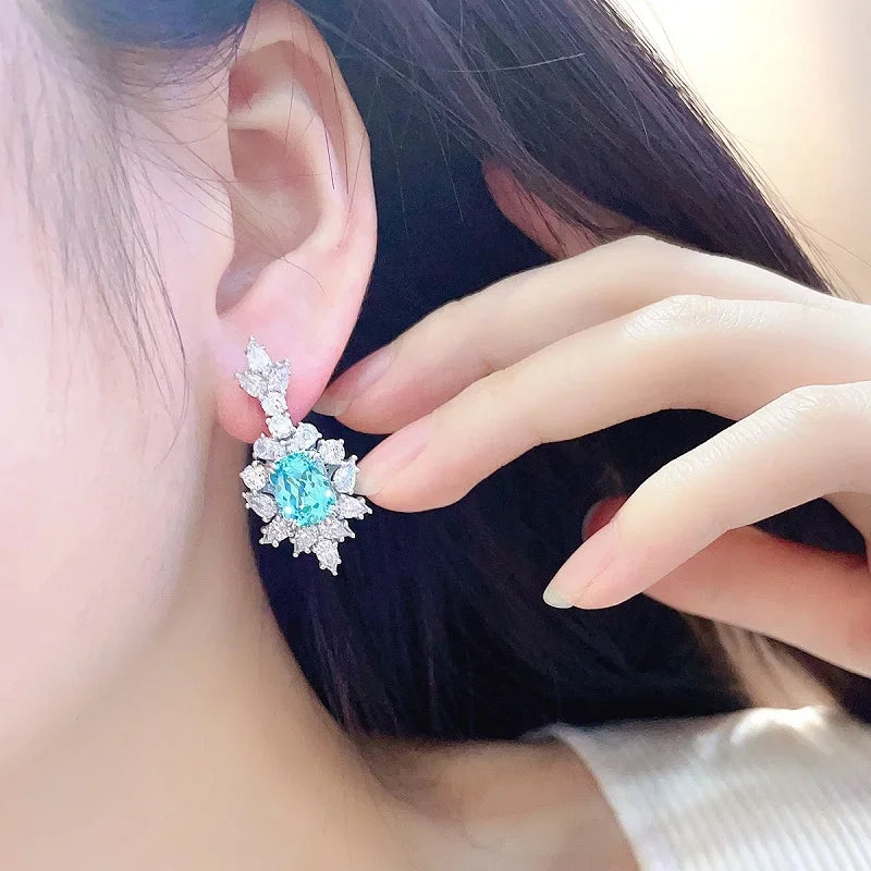 Blue & White Dazzling Oval Cut Moissanite Diamond Luxury 18k White Gold Plated Drop Earrings | Mix Mix Style