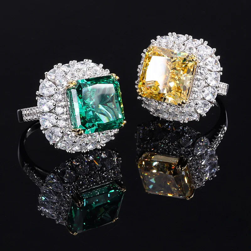 Green/Yellow Cushion Cut Moissanite Diamond 12x16mm 18k White Gold Plated Fin Engagement Ring | Mix Mix Style-Mix MIx Style