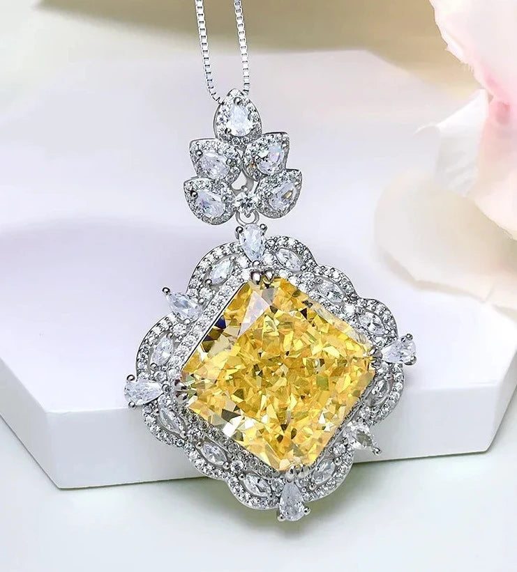 Luxury Curshion Square Yellow Diamond Pendant 18k White Gold Necklace | Mix Mix Style-Mix MIx Style