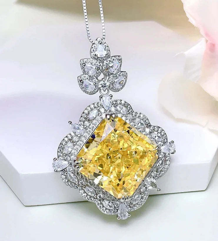 Luxury Curshion Square Yellow Diamond Pendant 18k White Gold Necklace | Mix Mix Style-Mix MIx Style