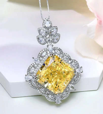 Luxury Curshion Square Yellow Diamond Pendant 18k White Gold Necklace | Mix Mix Style-Mix MIx Style