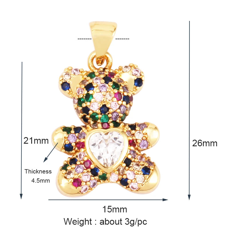 Luxury Fine Inlaid Rainbow Cubic Zironia Charm Pendant,Cute Bear Jewelry Necklace Bracelet Making Wholesale Supplies M85