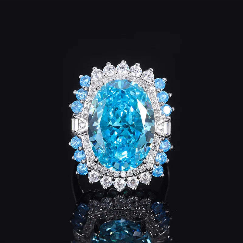 Luxury Sea Blue Oval Cut Moissanite Diamonds 18k White Gold Elegant Engagement Ring | Mix Mix Style-Mix MIx Style