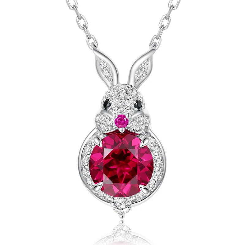 Cute Rabbit Shape Pink & White Round Cut Moissanite Diamond Pendant 18k White Gold Plated Necklace | Mix Mix Style