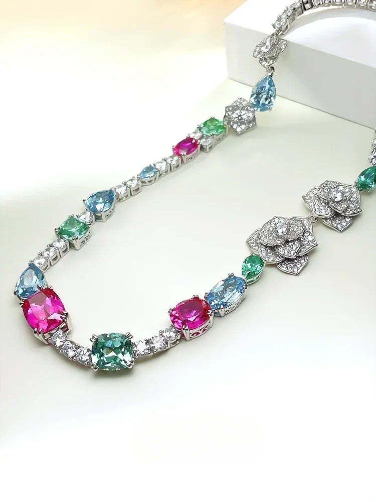 Fashionable Flower Multicolor Candy Diamonds 18k White Gold Necklace | Mix Mix Style-Mix MIx Style
