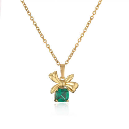 Green, Red, White Dainty Bow Cushion Cut Moissanite Diamond Pendant Elegant 18k Vermeil Gold Plated Necklace & Earrings Set | Mix Mix Style