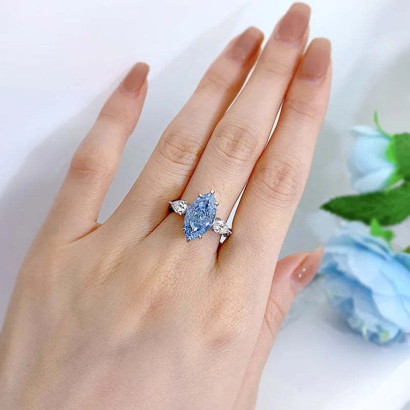 Ocean Solitarie Blue Marquise Cut Moissanite Diamond 18k White Gold Plated Engagement Ring-Mix MIx Style