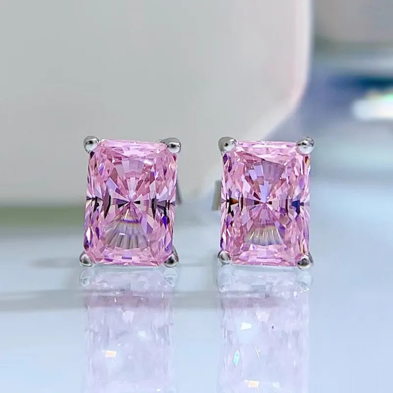 Pink - Yellow Dainty Classic Radiant Cut Moissanite Diamond 1ct Elegant 18k White Gold Plated Stud Earrings | Mix Mix Style