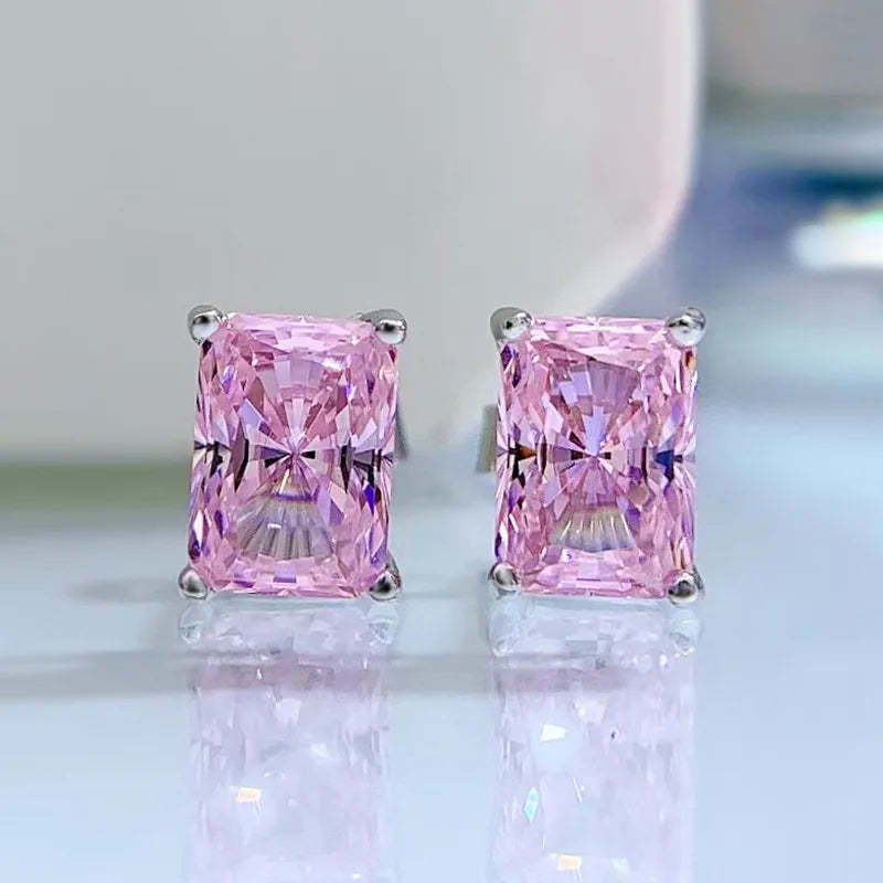 Pink - Yellow Dainty Classic Radiant Cut Moissanite Diamond 1ct Elegant 18k White Gold Plated Stud Earrings | Mix Mix Style