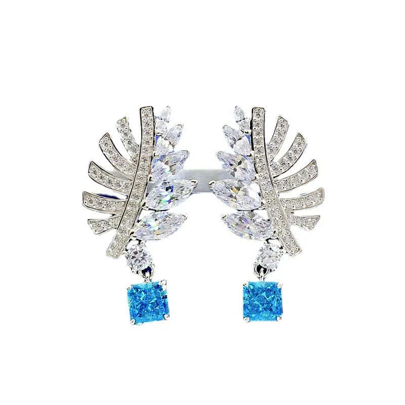 Leaf Classic Timeless Blue Cushion Cut Moissanite Diamond Elegant 18k White Gold Plated Earrings | Mix Mix Style
