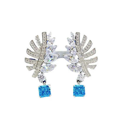 Leaf Classic Timeless Blue Cushion Cut Moissanite Diamond Elegant 18k White Gold Plated Earrings | Mix Mix Style