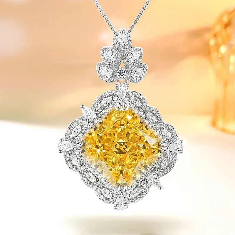 Luxury Curshion Square Yellow Diamond Pendant 18k White Gold Necklace | Mix Mix Style-Mix MIx Style