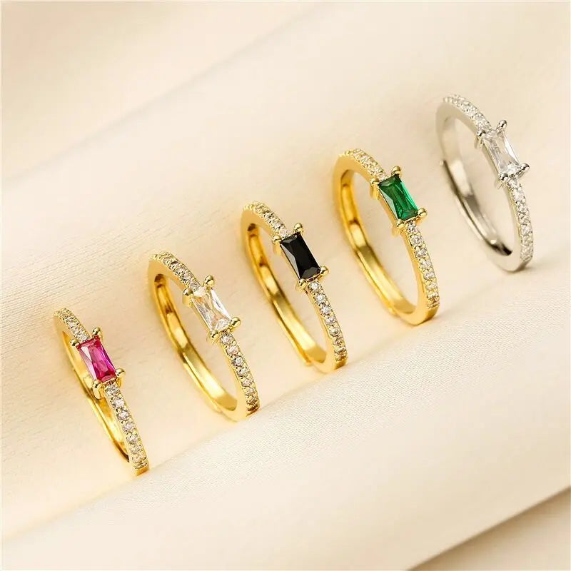 Green - Pink - Black Trendy Delicate Radiant Moissanite Diamond 18k Vermeil Gold Plated Adjustable Ring | Mix Mix Style