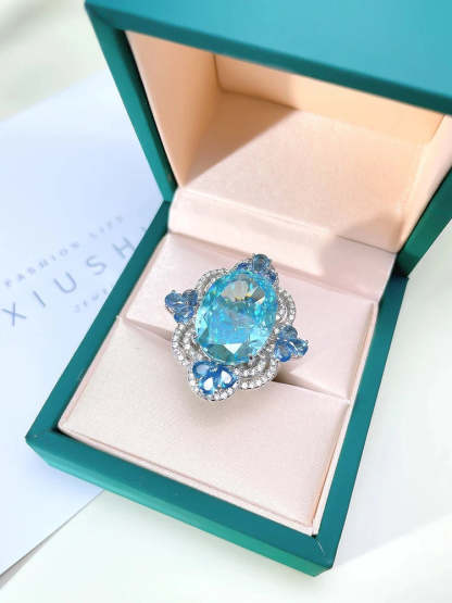 Sea Blue Luxury Marquise Cut Diamond Diamond Temperament Retro 18k White Gold Plated Engagement Ring | Mix Mix Style-Mix MIx Style