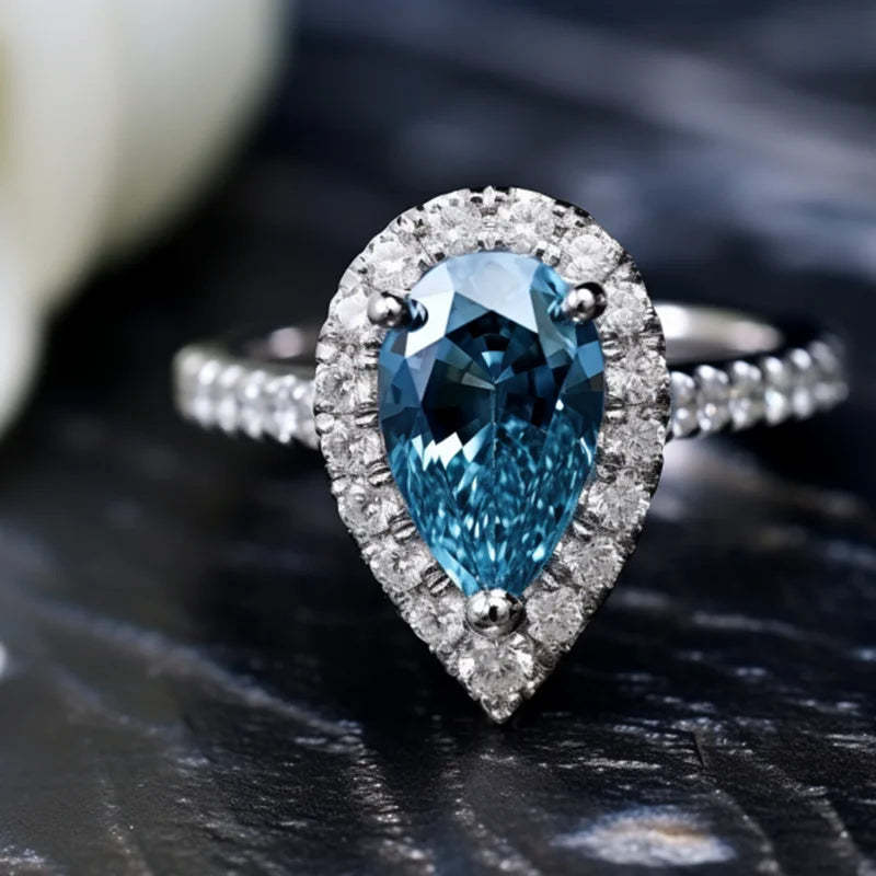 Blue Luxury Pear Cut Moissanite Diamonds 3ct 18k White Gold Fine Engagement Ring | Mix Mix Style-Mix MIx Style