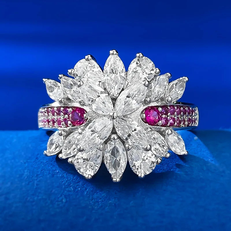 Charm Flower Ruby Diamond Ring 100% Real 925 Sterling Silver Party Wedding Band Rings for Women Bridal Engagement Jewelry