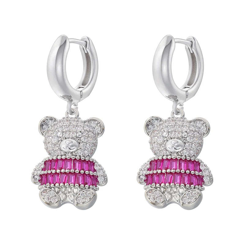 ZHUKOU Cute Bear drop earrings Rainbow cubic zirconia small hoop earrings Enamel drip oil Bear women earrings wholesale VE1141