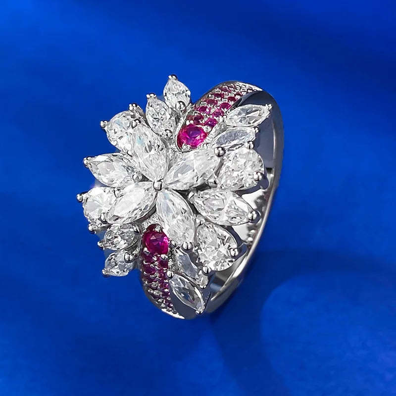 Charm Flower Ruby Diamond Ring 100% Real 925 Sterling Silver Party Wedding Band Rings for Women Bridal Engagement Jewelry
