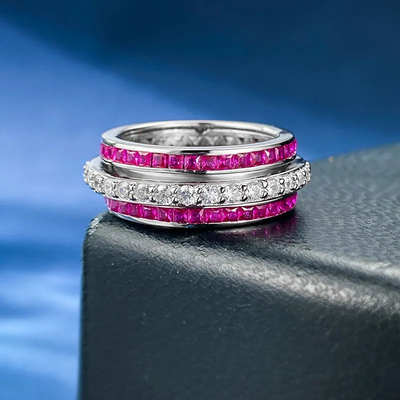 Eternity Emerald Ruby Diamond Ring 100% Real 925 Sterling Silver Party Wedding Band Rings for Women Bridal Engagement Jewelry