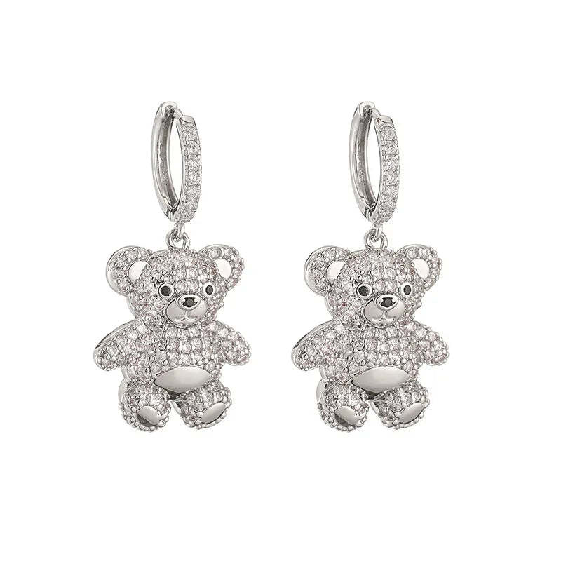 Women's Earrings Plated with 18k Gold Colored Zircon Crystal Cartoon Bear Earrings Popular Fashion Jewelry Festival Gift