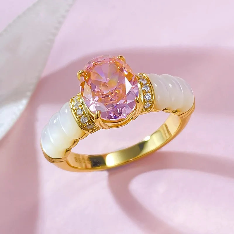 Luxury White & Pink Oval Cut Diamond Elegant 18k Vermeil Gold Plated Wedding Ring | Mix Mix Style-Mix MIx Style