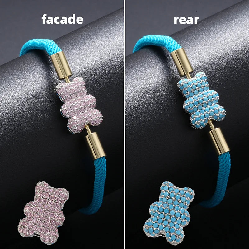 Popular Adorable Bicolor Bear Design Crystal Zircon Double Side Pendant Braided Hand Rope Bracelet Perfect Women's Jewelry Gift