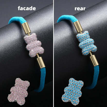 Popular Adorable Bicolor Bear Design Crystal Zircon Double Side Pendant Braided Hand Rope Bracelet Perfect Women's Jewelry Gift
