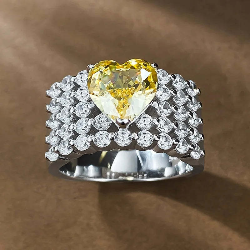 Thick Luxurious Yellow Heart Cut Moissanite Diamond 8x8mm 18k White Gold Wedding Engagement Fine Ring | Mix Mix Style-Mix MIx Style