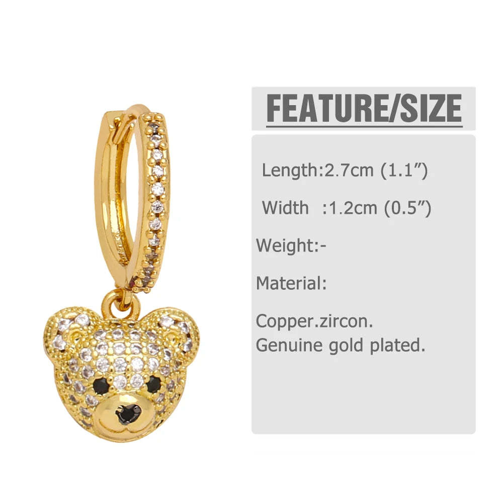 FLOLA Copper Zircon Hoops Bear Earrings for Women CZ Green Crystal Bear Dangle Earrings Gold Plated Jewelry Friends Gifts erst17