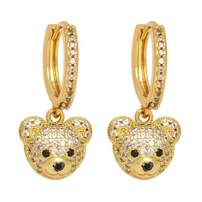 FLOLA Copper Zircon Hoops Bear Earrings for Women CZ Green Crystal Bear Dangle Earrings Gold Plated Jewelry Friends Gifts erst17