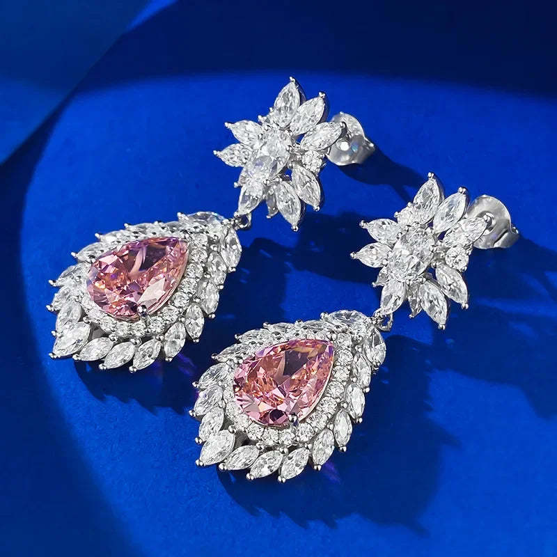 Valuable Pink Pear Cut Diamond Dangle Drop 18k White Gold Plated Earrings | Mix Mix Style-Mix MIx Style