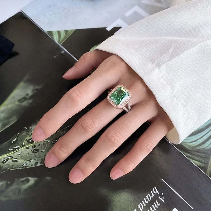 Fine Green Cushion Radiant Cut Moissanite Diamonds 18k White Gold Engagement Ring | Mix Mix Style-Mix MIx Style