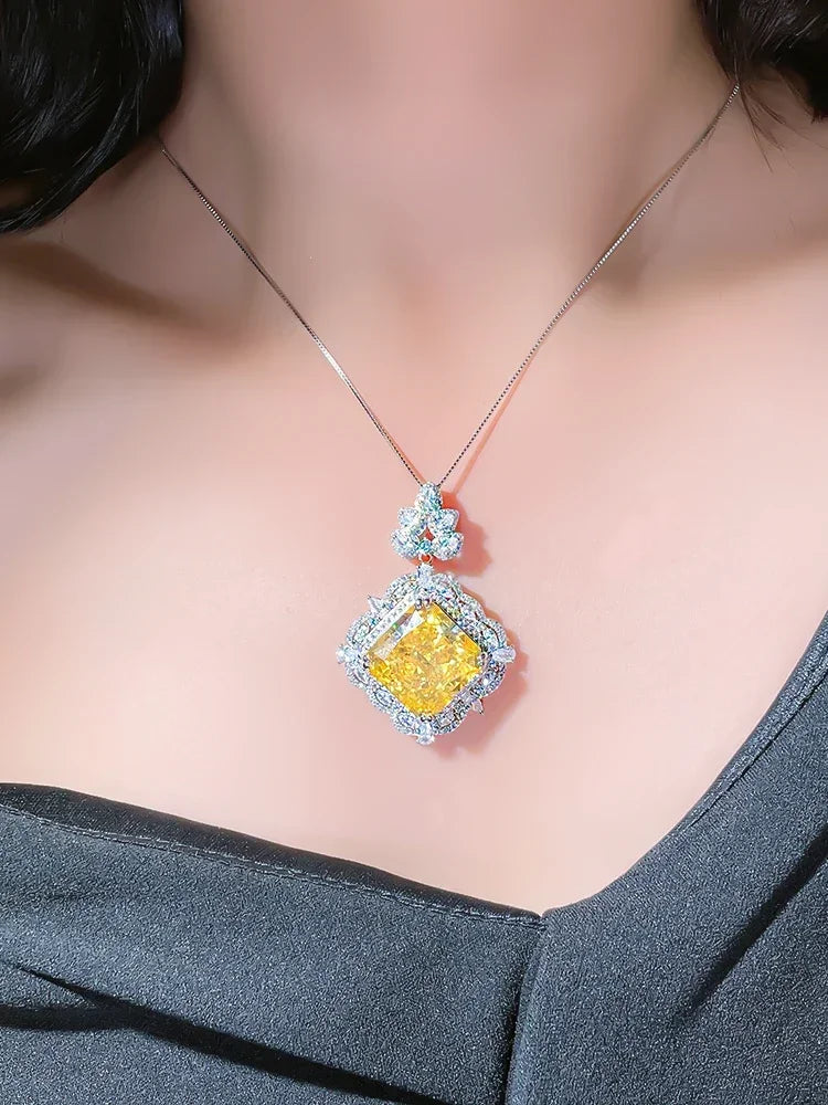 Luxury Curshion Square Yellow Diamond Pendant 18k White Gold Necklace | Mix Mix Style-Mix MIx Style