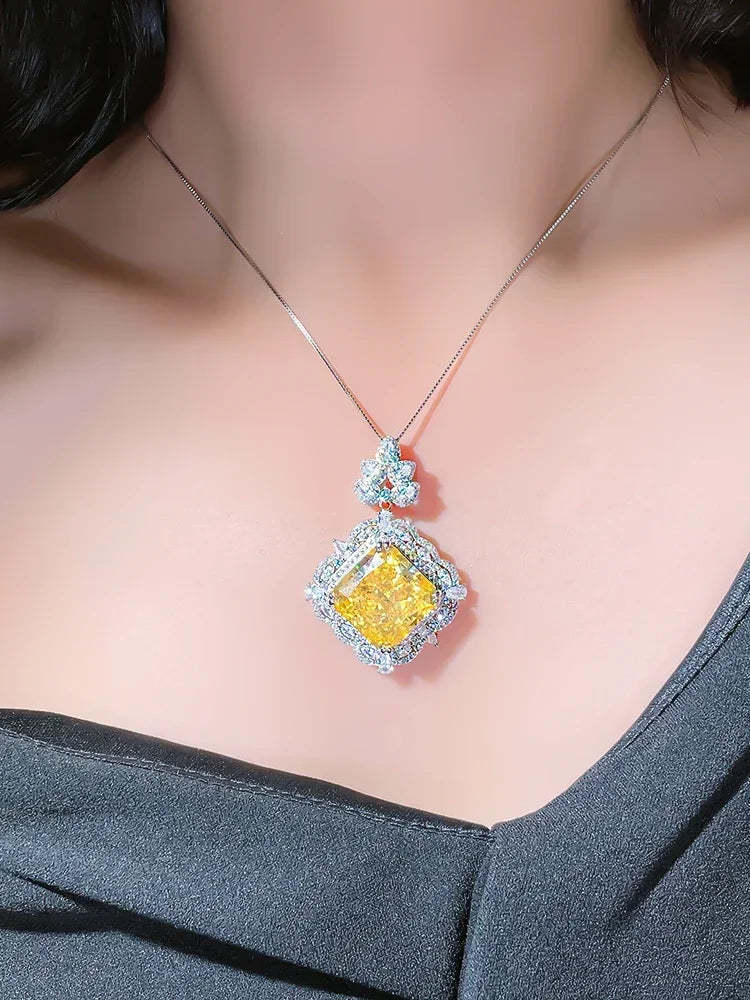 Luxury Curshion Square Yellow Diamond Pendant 18k White Gold Necklace | Mix Mix Style-Mix MIx Style
