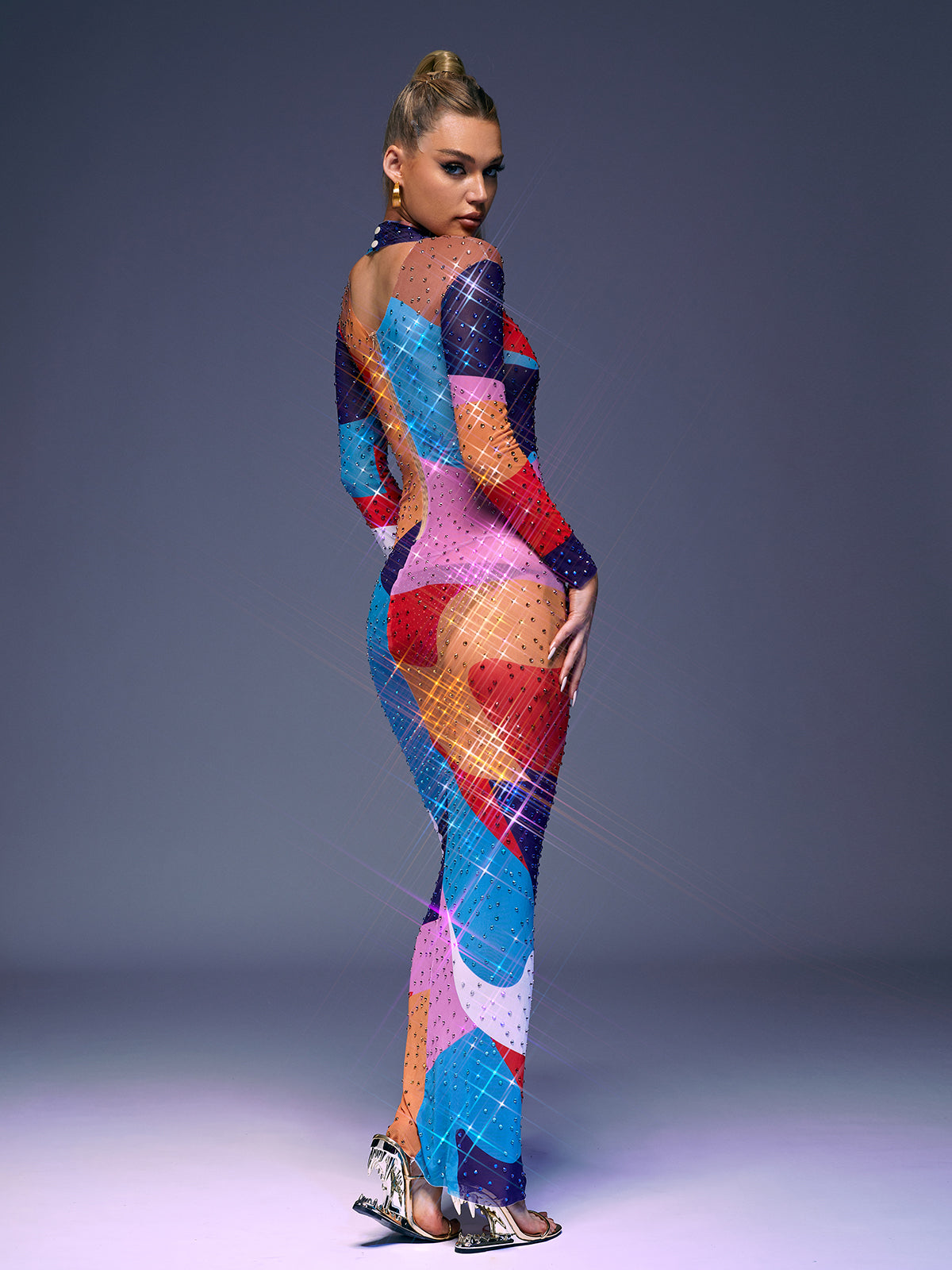 Multicolor Long Sleeve Multi Rhinestone Maxi Dress | Mix Mix Style [Hot Seller]-Mix MIx Style