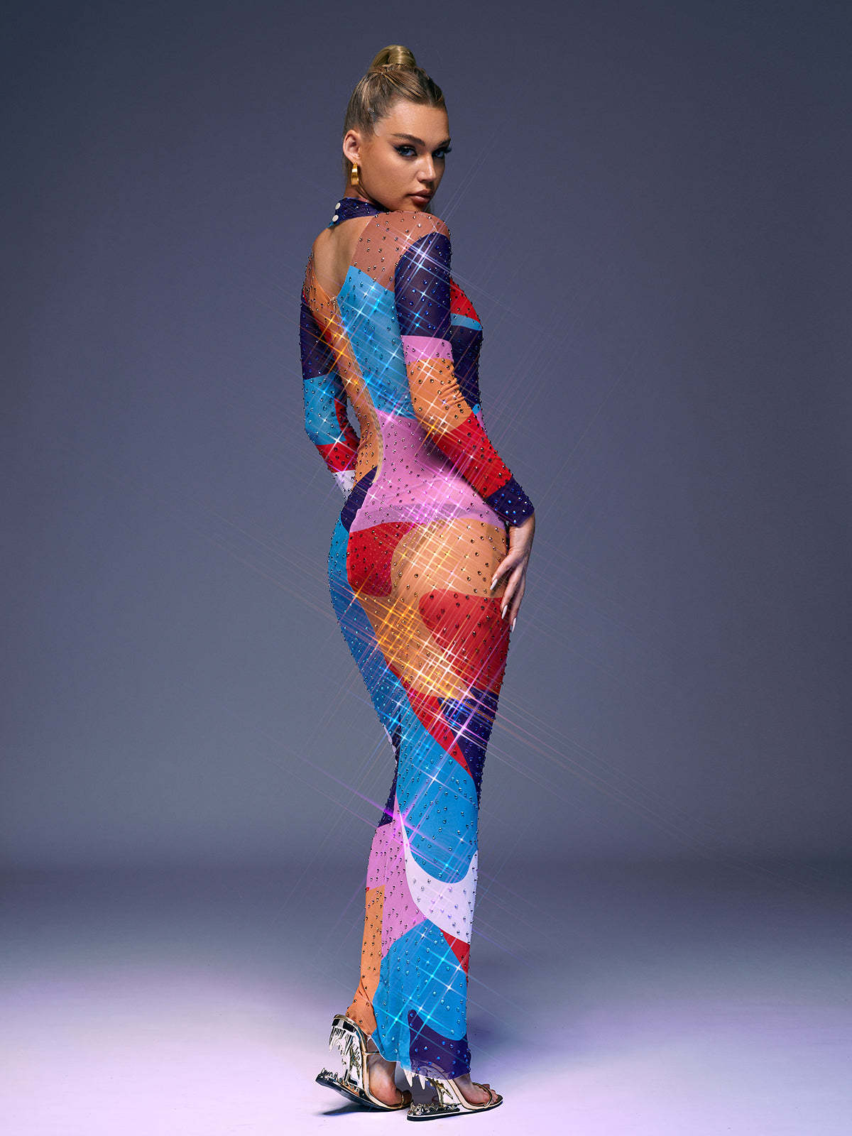 Multicolor Long Sleeve Multi Rhinestone Maxi Dress | Mix Mix Style [Hot Seller]-Mix MIx Style