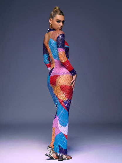 Multicolor Long Sleeve Multi Rhinestone Maxi Dress | Mix Mix Style [Hot Seller]-Mix MIx Style