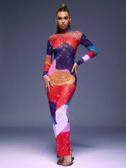 Multicolor Long Sleeve Multi Rhinestone Maxi Dress | Mix Mix Style [Hot Seller]-Mix MIx Style