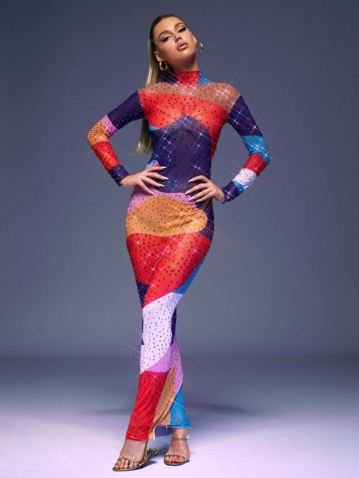 Multicolor Long Sleeve Multi Rhinestone Maxi Dress | Mix Mix Style [Hot Seller]-Mix MIx Style