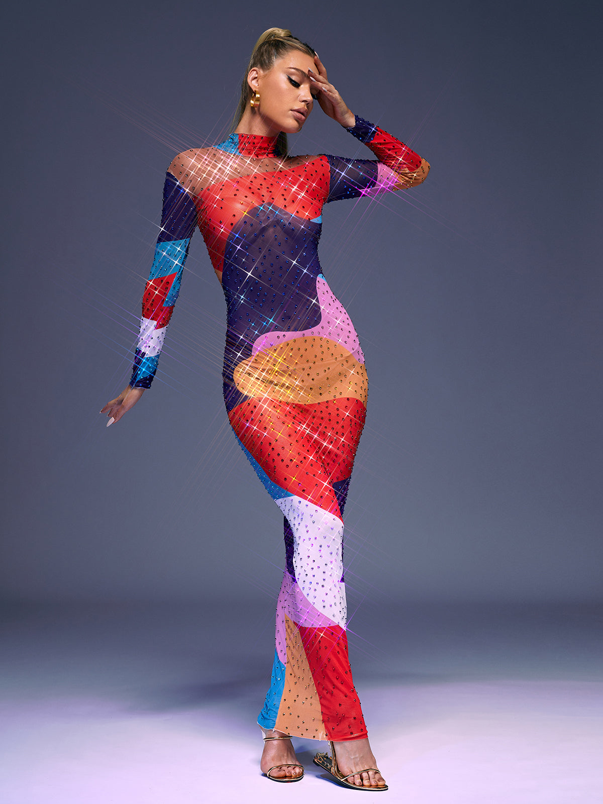 Multicolor Long Sleeve Multi Rhinestone Maxi Dress | Mix Mix Style [Hot Seller]-Mix MIx Style