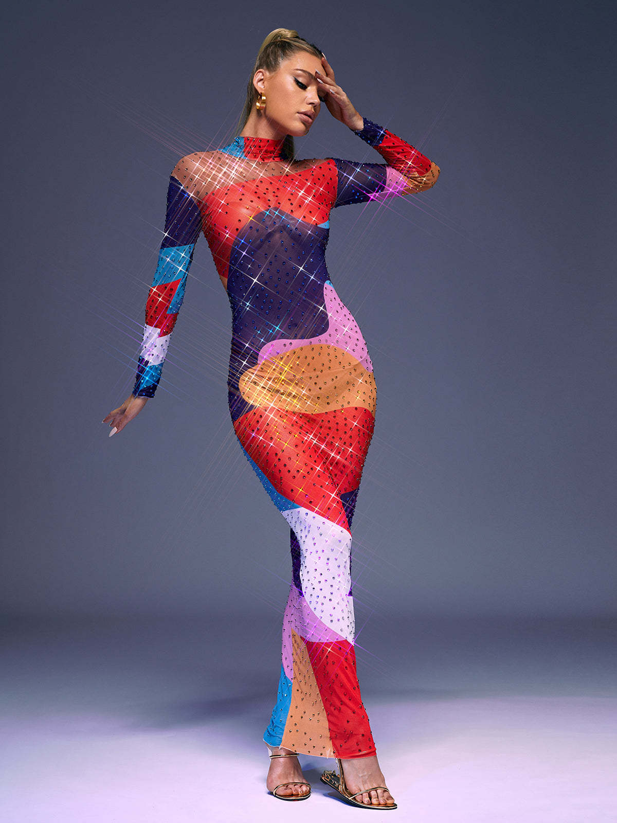 Multicolor Long Sleeve Multi Rhinestone Maxi Dress | Mix Mix Style [Hot Seller]-Mix MIx Style