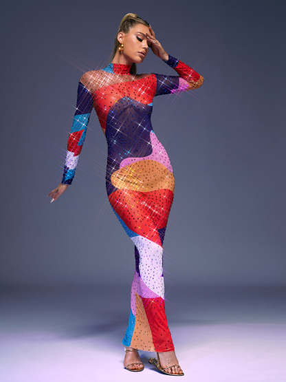 Multicolor Long Sleeve Multi Rhinestone Maxi Dress | Mix Mix Style [Hot Seller]-Mix MIx Style