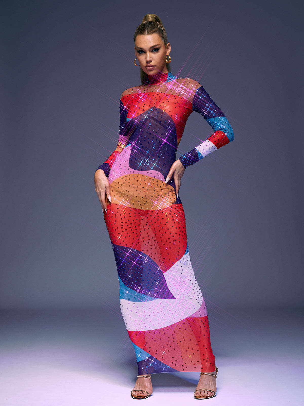 Multicolor Long Sleeve Multi Rhinestone Maxi Dress | Mix Mix Style [Hot Seller]-Mix MIx Style