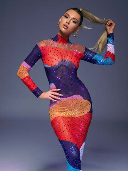 Multicolor Long Sleeve Multi Rhinestone Maxi Dress | Mix Mix Style [Hot Seller]-Mix MIx Style