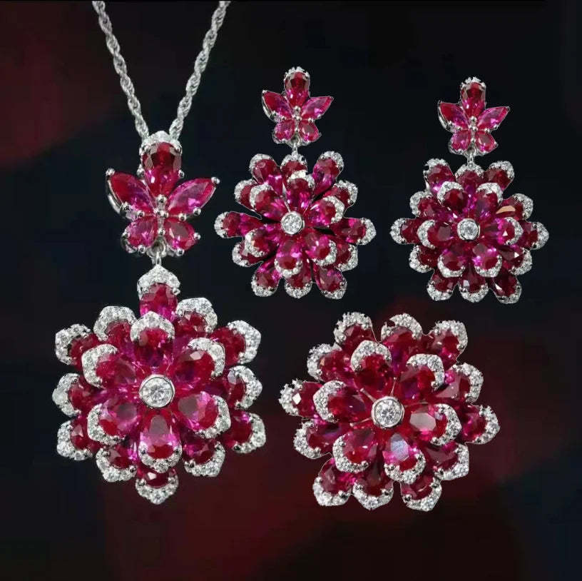 Vintage Flower Moissanite Diamond Sapphire Gemstone Ring/Necklace/Earrings Jewelry Sets | Mix Mix Style [Hot Seller]-Mix MIx Style