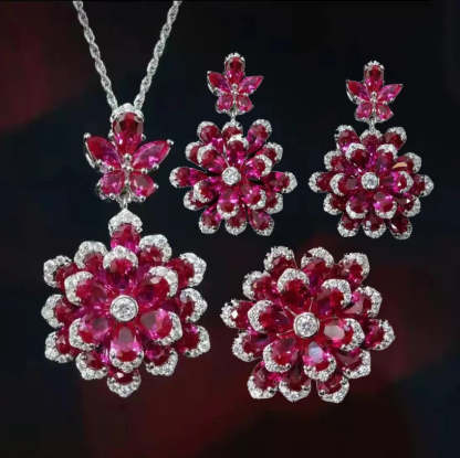 Vintage Flower Moissanite Diamond Sapphire Gemstone Ring/Necklace/Earrings Jewelry Sets | Mix Mix Style [Hot Seller]-Mix MIx Style