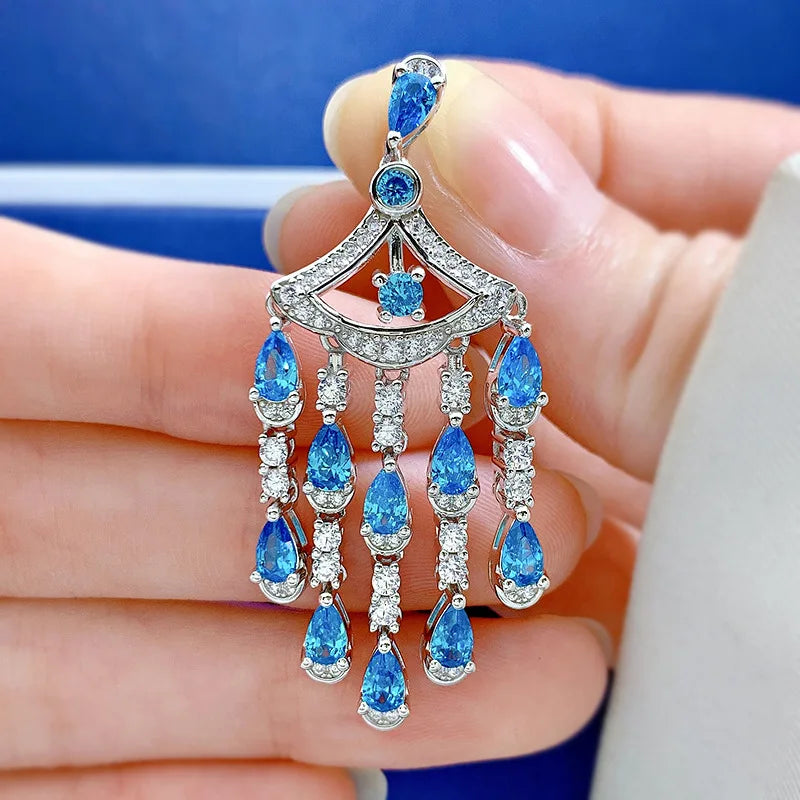 Blue & White Tassel Timeless Pear Cut Moissanite Diamond Luxury 18k White Gold Plated Drop Earrings | Mix Mix Style