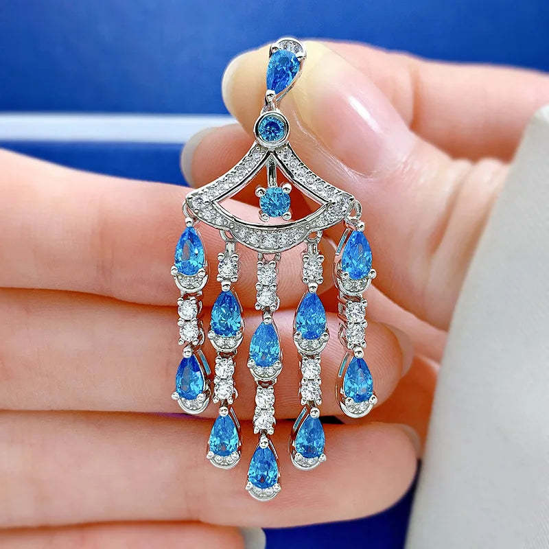 Blue & White Tassel Timeless Pear Cut Moissanite Diamond Luxury 18k White Gold Plated Drop Earrings | Mix Mix Style