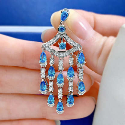 Blue & White Tassel Timeless Pear Cut Moissanite Diamond Luxury 18k White Gold Plated Drop Earrings | Mix Mix Style