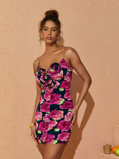 Sachi Rose Printed Ruched Mini Dress-Mix MIx Style